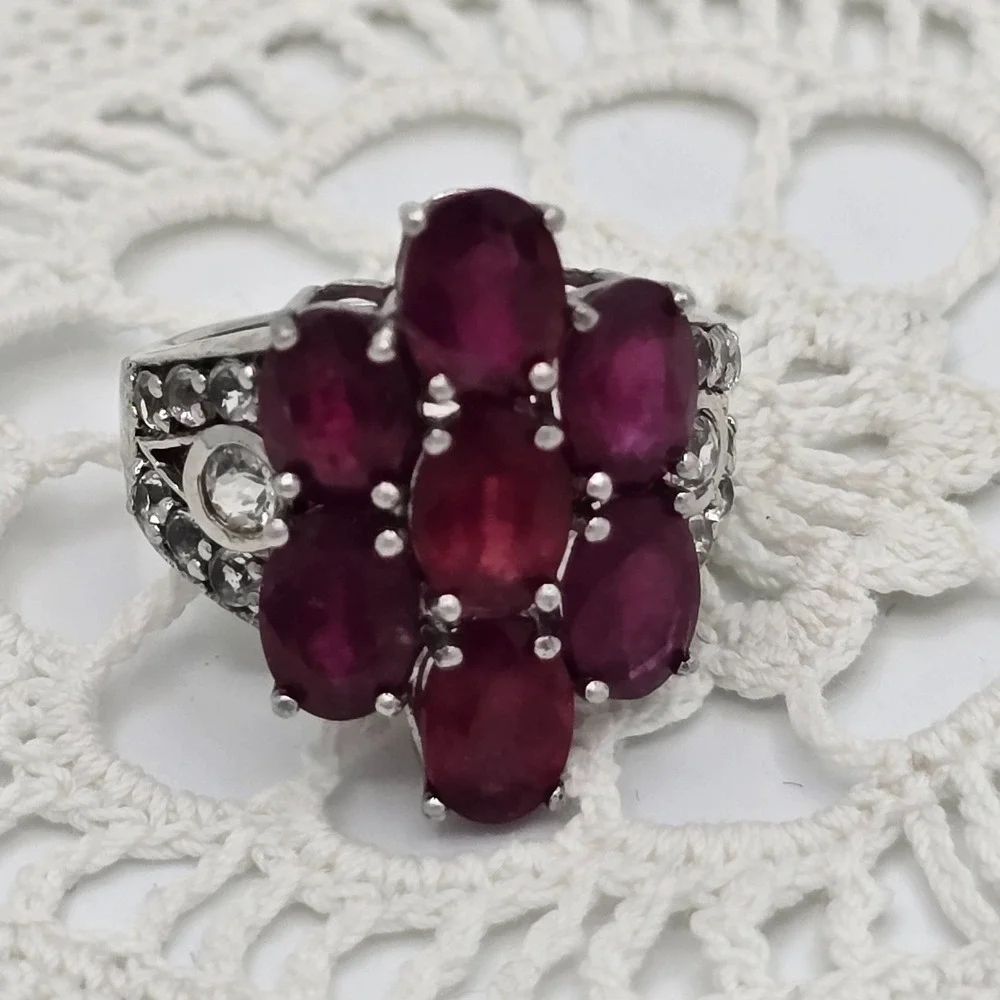 925 Cluster Ring Sterling Silver Red Colored Gemstone Flower Size 5